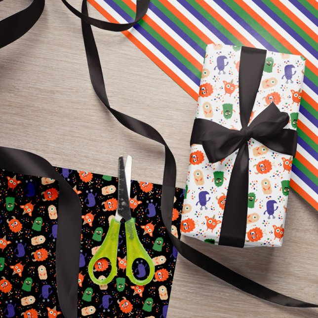 Cute Blue Green Monsters Mixed Halloween Patterns Wrapping Paper Sheets (Creator Uploaded)