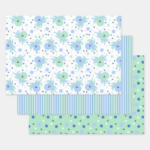 Cute Blue & Green Octopus, Stripes, Polka-Dots Wra Wrapping Paper Sheets