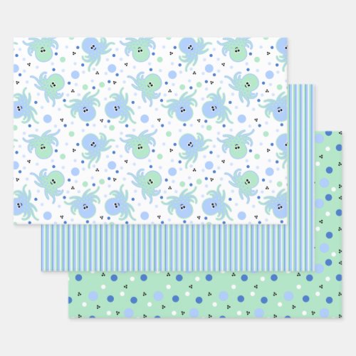 Cute Blue  Green Octopus Stripes Polka_Dots Wra Wrapping Paper Sheets