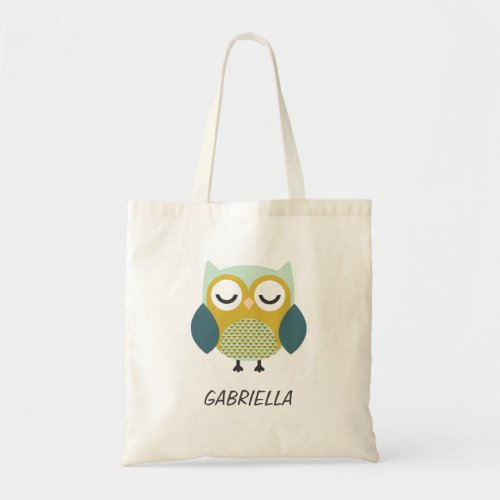 Cute Blue Green Owl Personalize Name Tote Bag