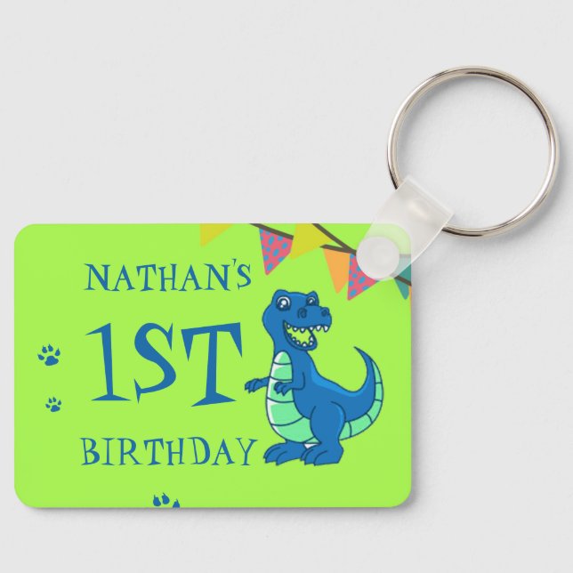 Cute Blue Green Paw Dinosaur Themed Birthday Favor Keychain (Front)