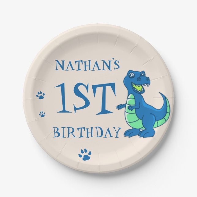 Cute Blue Green Paw Dinosaur Themed Birthday Party Paper Plates (Front)