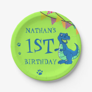 Cute Blue Green Paw Dinosaur Themed Birthday Party Paper Plates