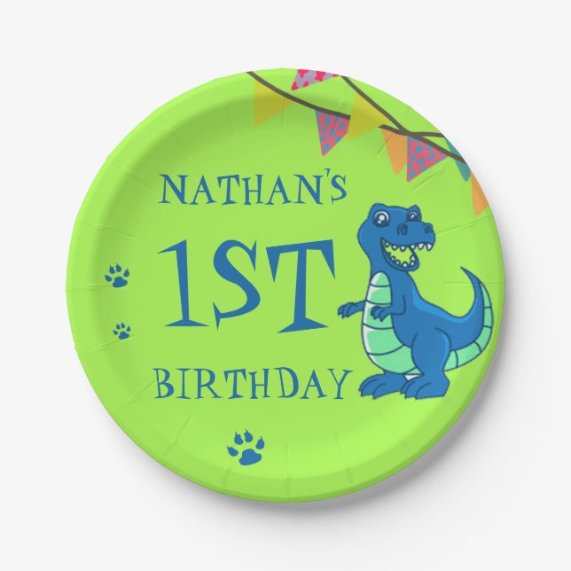 Cute Blue Green Paw Dinosaur Themed Birthday Party Paper Plates (Front)