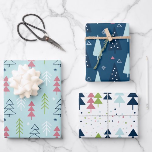 Cute Blue Green Pink Christmas Tree Pattern Gift Wrapping Paper Sheets