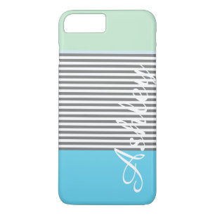 Cute blue green preppy stripes pattern monogram iPhone 8 plus/7 plus case