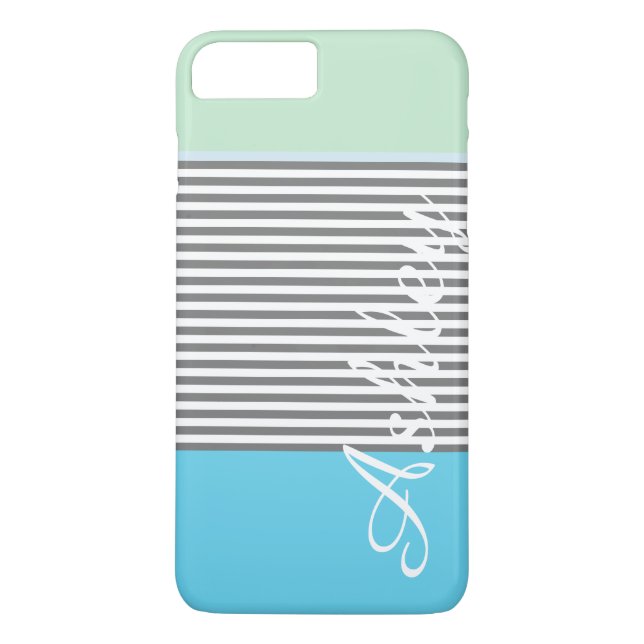 Cute blue green preppy stripes pattern monogram Case-Mate iPhone case (Back)