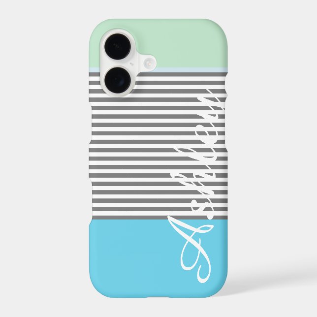 Cute blue green preppy stripes pattern monogram iphone case (Back)
