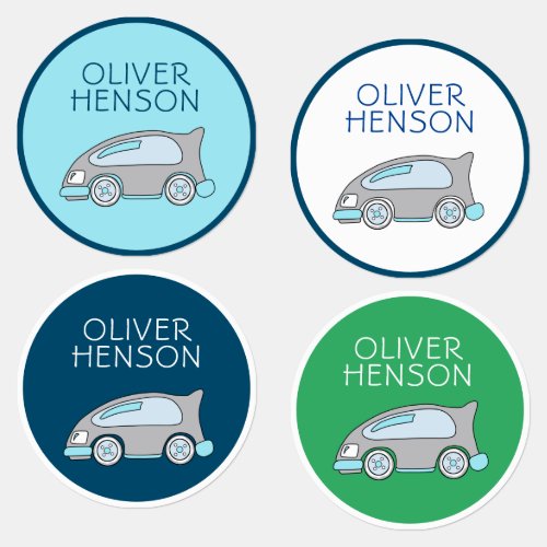 Cute Blue Green Race Car with Name Boy Kids Labels