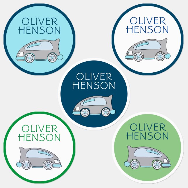 Cute Blue Green Race Car with Name Boy Kids' Labels (Group)