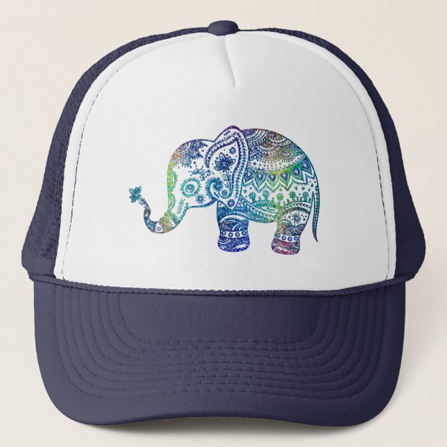 Cute Blue & Green Tones Flower Elephant Trucker Hat (Front)