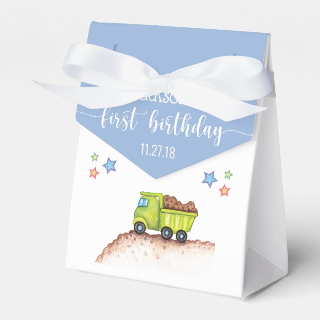 Cute Blue Green Truck First Birthday Party Favor Boxes (Front Side)