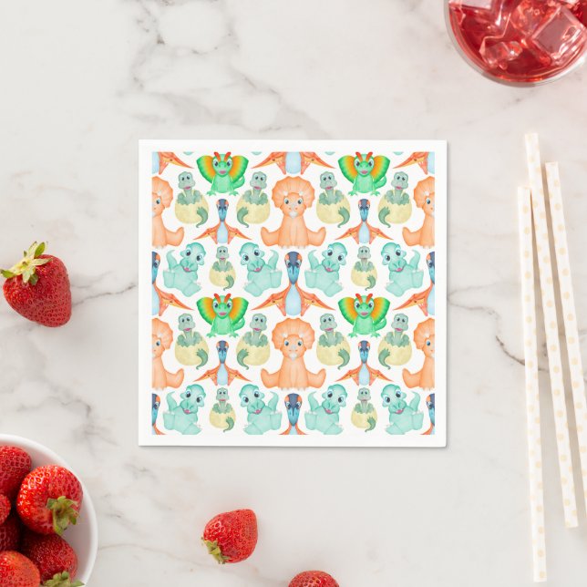 Cute Blue & Green Watercolor Boys Dinosaur Napkins (Insitu)