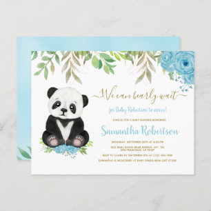 Cute Blue Greenery Gold Bear Boy Baby Shower Invitation Postcard