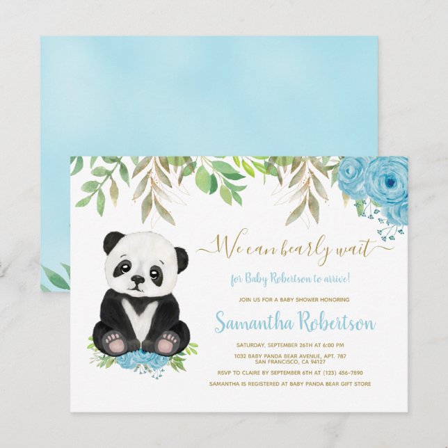 Cute Blue Greenery Gold Bear Boy Baby Shower Invitation Postcard (Front/Back)