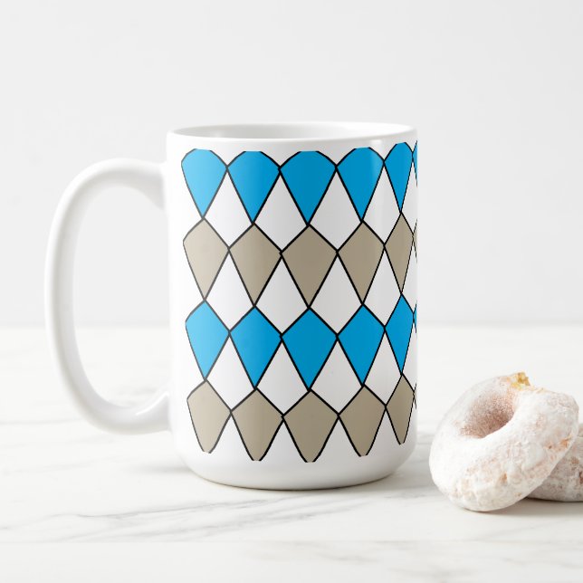 Cute Blue Grey Diamond Pattern Coffee Mug (With Donut)