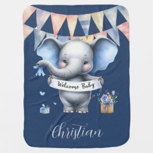 Cute Blue Grey Elephant Baby Shower Welcome Sign Baby Blanket