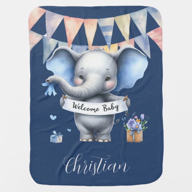Cute Blue Grey Elephant Baby Shower Welcome Sign Baby Blanket (Front)