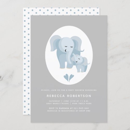 Cute blue_grey elephant mother and baby boy shower invitation