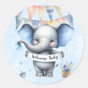 Cute Blue Grey Elephant Welcome Baby Boy Shower Classic Round Sticker