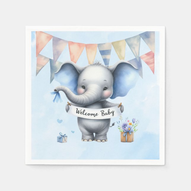 Cute Blue Grey Elephant Welcome Baby Boy Shower Napkins (Front)