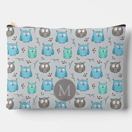 Cute Blue Grey Owl Pattern Monogram Accessory Pouch