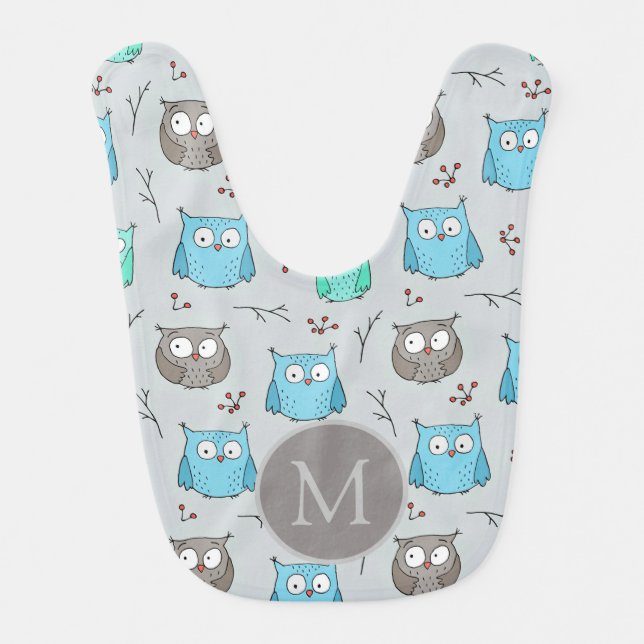 Cute Blue Grey Owl Pattern Monogram Baby Bib (Front)