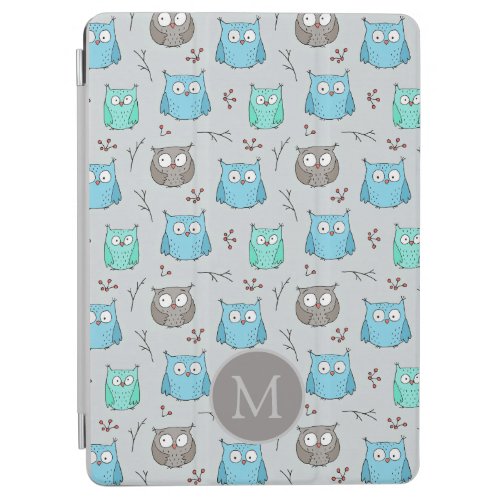 Cute Blue Grey Owl Pattern Monogram iPad Air Cover