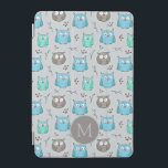 Cute Blue Grey Owl Pattern Monogram iPad Mini Cover<br><div class="desc">Cute little owls pattern in blue and grey with optional monogram.</div>