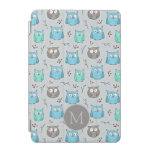 Cute Blue Grey Owl Pattern Monogram iPad Mini Cover