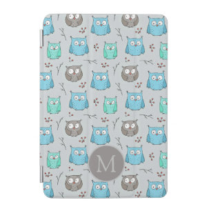 Cute Blue Grey Owl Pattern Monogram iPad Mini Cover