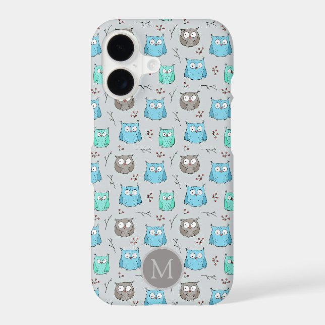 Cute Blue Grey Owl Pattern Monogram Iphone Case (Back)