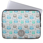 Cute Blue Grey Owl Pattern Monogram Laptop Sleeve