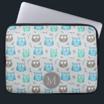 Cute Blue Grey Owl Pattern Monogram Laptop Sleeve<br><div class="desc">Cute little owls pattern in blue and grey with optional monogram.</div>