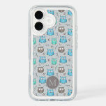 Cute Blue Grey Owl Pattern Monogram iPhone 16 Case