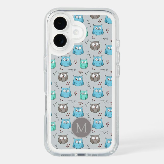 Cute Blue Grey Owl Pattern Monogram Speck iPhone Case (Front)