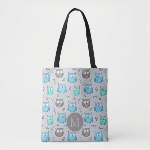 Cute Blue Grey Owl Pattern Monogram Tote Bag