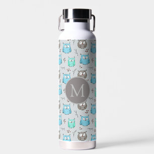 Cute Blue Grey Owl Pattern Monogram Water Bottle
