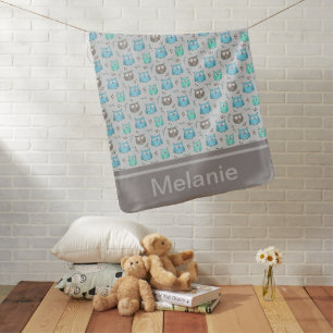 Cute Blue Grey Owl Pattern Personalised Baby Blanket