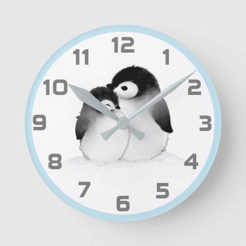 Cute Blue Grey Penguins Wall Clock