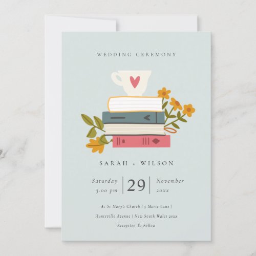 Cute Blue Grey Stacked Books Floral Wedding Invite