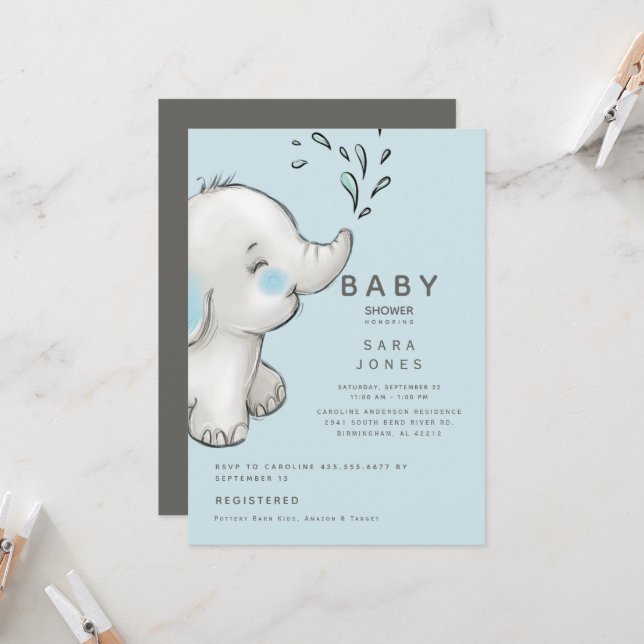 Cute Blue & Grey Watercolor Elephant Baby Shower   Invitation (Front/Back In Situ)