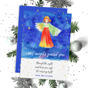 Cute Blue Guardian Angel Faith Art Watercolor Card