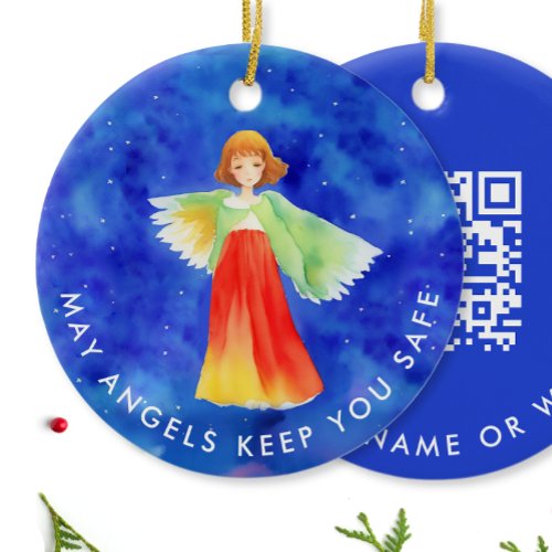 Cute Blue Guardian Angel Website QR Code Scannable Ceramic Ornament