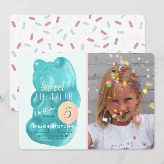 Cute Blue Gummy Bear Sweet Candy Photo Birthday Invitation | Zazzle