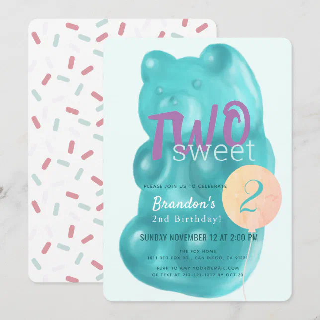 Cute Blue Gummy Bear Two Sweet 2nd Birthday Invitation | Zazzle