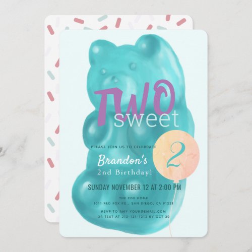 Cute Blue Gummy Bear Two Sweet 2nd Birthday Invitation