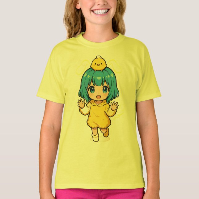 Cute Blue-Haired Chibi Girl in Chick T-Shirt (Front)