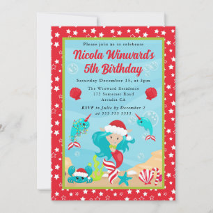 Cute Blue Haired Christmas Mermaid Kids Birthday  Invitation
