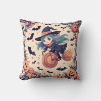 Cute Blue-Haired Witch Halloween Pillow